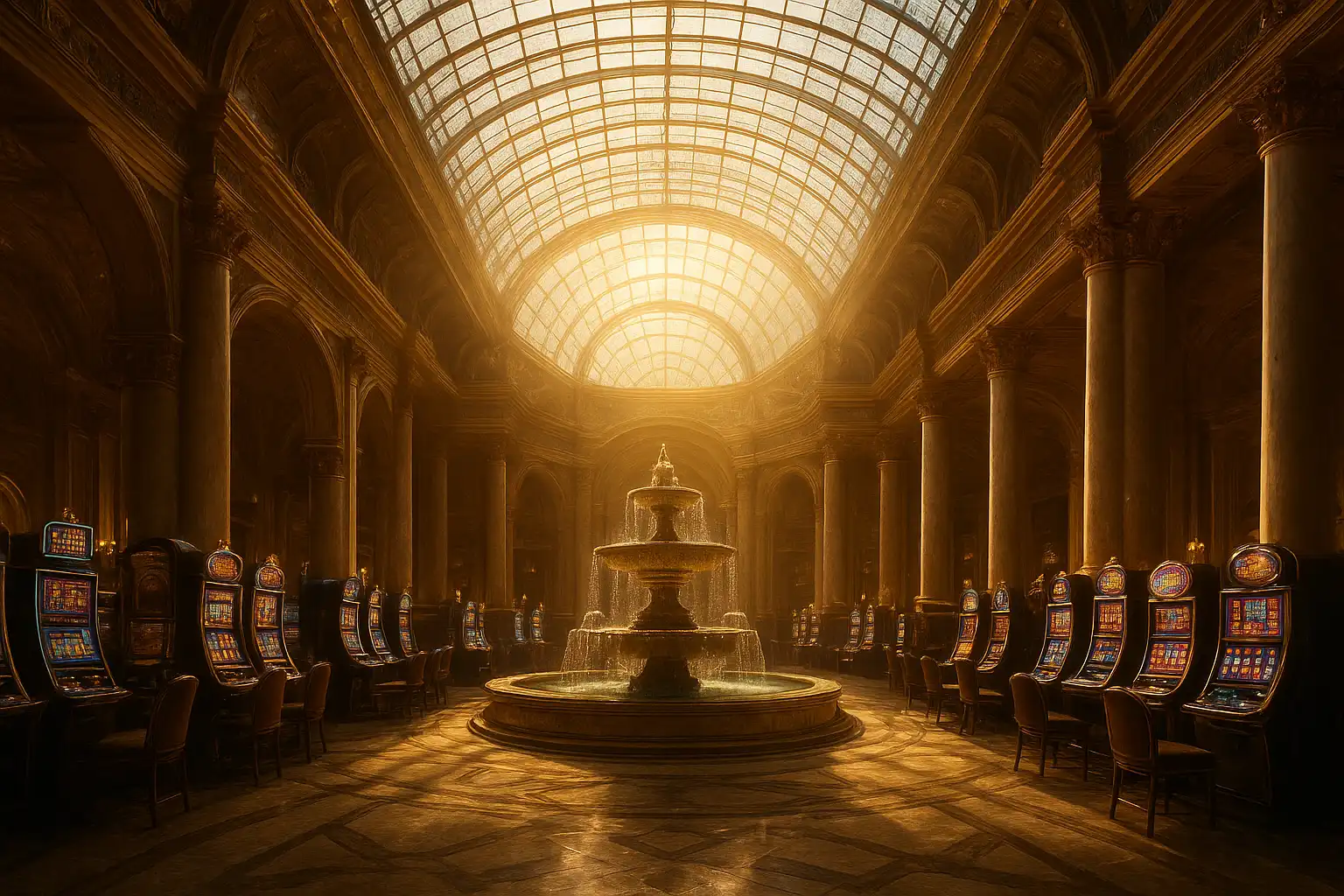 Golden atrium casino hall with marble columns and glass ceiling